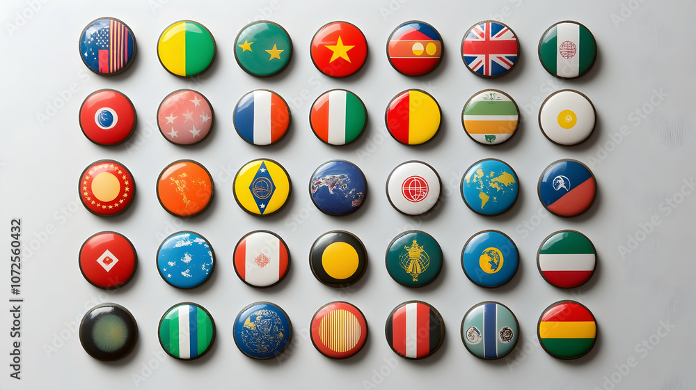 Poster vibrant collection of round badges displaying various international flags, symbolizing unity and cul