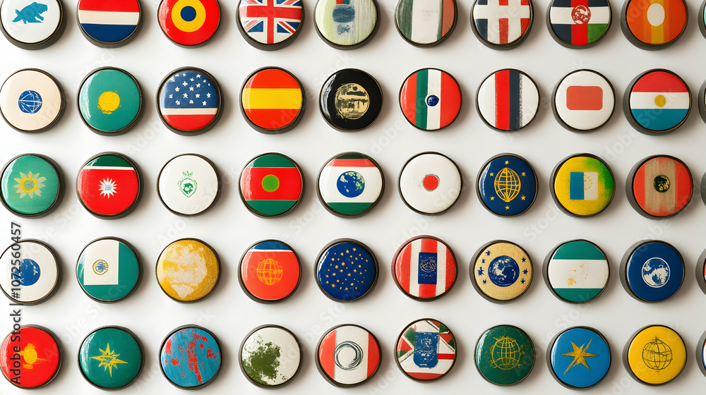 Poster vibrant collection of round badges displaying various international flags, symbolizing unity and cul