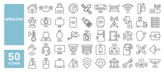 Set of 50 line icons related to wireless, signal, access, payment, device, hotspot, technology, wave, internet, connect, smart, Editable stroke. Vector illustration