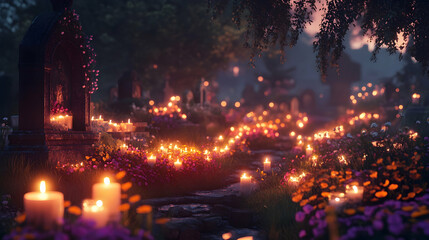 Vibrant graveyard glowing with candles and flowers, celebrating the tradition of honoring ancestors during a nighttime festival -