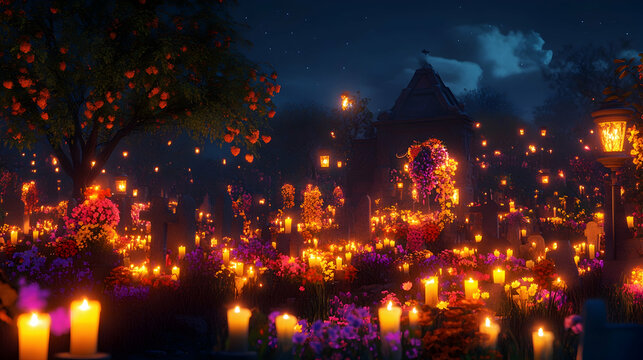 Vibrant graveyard glowing with candles and flowers, celebrating the tradition of honoring ancestors during a nighttime festival -