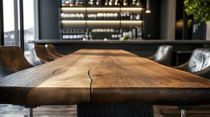 Warm wooden table in a stylish bar interior, ideal for dining and social gatherings with an inviting ambiance and modern design -