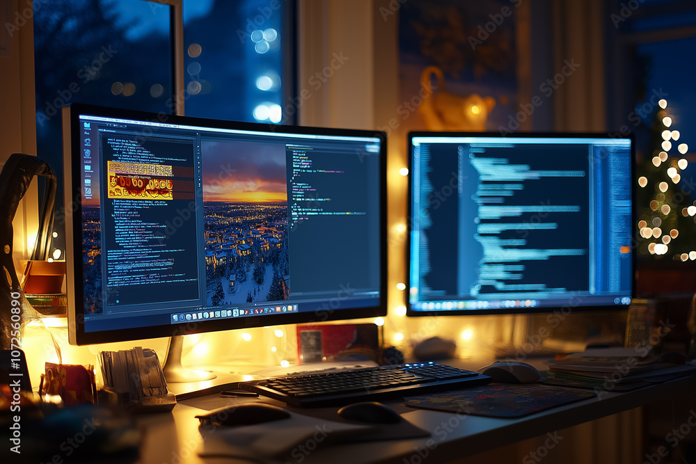 Poster warm lights illuminate a working desk with dual monitors focused on coding and a beautiful sunset ou