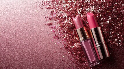 Create a glamorous festive look with sequined cosmetics showcasing luxurious lipsticks and glitter for a stunning makeover