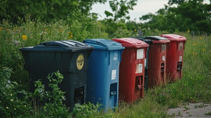 Row of Colorful Recycling Bins in a Park