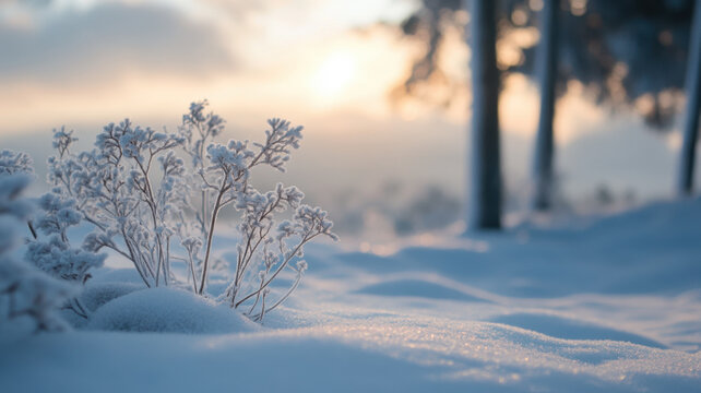 Beautiful winter landscape. Snow and frost covered plants.  Snowy scenery, cold and crisp sunny day. - Powered by Adobe
