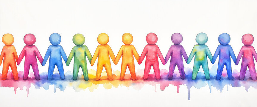 Colorful watercolor illustration of diverse paper dolls holding hands in a supportive chain