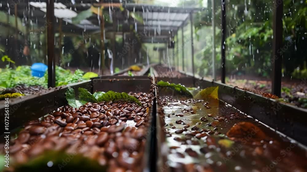 Poster wet cocoa beans drying in the sun after being harvested and removed from their shells on a plantatio