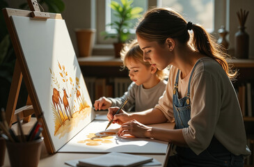A female teacher is teaching a child to draw at an art school.
