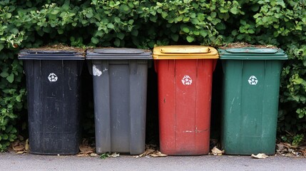 Four Recycling Bins in Front of Green Bush