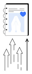 Notebook page with heart and arrows pointing upward. Ideal for themes of creativity, love, growth, ambition, success, progress, motivation. Line metaphor