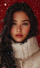 Elegant Woman in Winter Fashion, Red Knit Hat and Coat, Surrounded by Falling Snowflakes – Perfect for Christmas and Seasonal Campaigns.