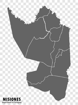 Blank map Misiones Department of Paraguay. High quality map Department  of Misiones with districts on transparent background for your web site design, logo, app, UI.  Republic of Paraguay.  EPS10.