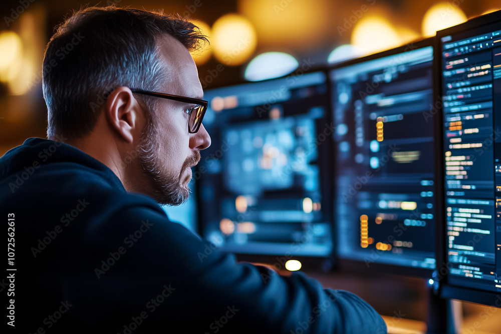 Poster a programmer is deeply engaged in writing code, surrounded by multiple screens in a dimly lit worksp