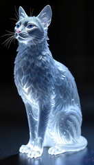 Elegant crystal cat figurine with intricate details and luminous glow on dark background
