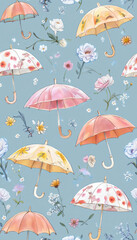 Seamless Pattern of Colorful Umbrellas Floating in a Blue Sky