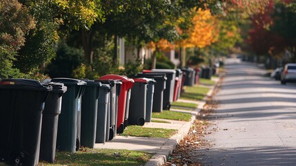Trash Cans Lined Up on a Suburban Street