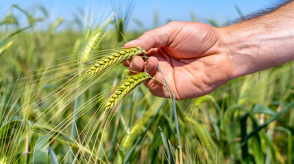 A farmer's hand holding green wheat ears in a field, representing agriculture, crop inspection, and sustainable farming practices