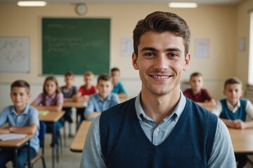 Fototapeta premium Close portrait of a smiling young Montenegrin male elegant primary school teacher standing and looking at the camera, indoors almost empty classroom blurred background