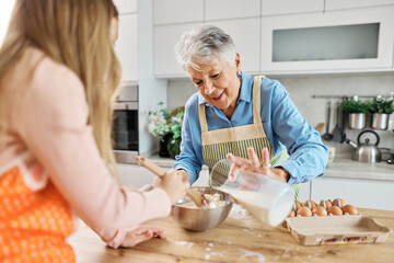 grandchild family child granddaughter together grandmother cooking kitchen food baking woman grandparent preparation homemade dough ingredient flour making cake kneading