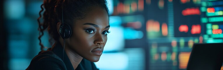 African American woman analyzing financial data on a laptop screen, business and technology theme