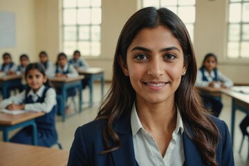 Close portrait of a smiling young Pakistani female elegant primary school teacher standing and looking at the camera, indoors almost empty classroom blurred background