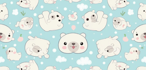 Seamless Pattern of Adorable Seals in the Clouds on a Sky Blue Background
