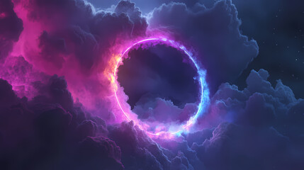 3d render, colorful neon ring glowing inside the stormy cloud on the dark sky, abstract background. Abstract. Illustration