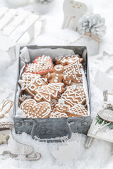 Closeup of cookies for Christmas in small metal box