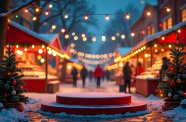 Christmas podium for product showcase in the background of the New Year Christmas market