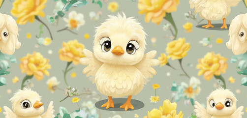 Naklejka premium Seamless Pattern of Cute Yellow Chicks on a Floral Background