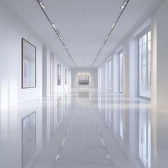 Minimalist white gallery interior with spotlights, ideal for showcasing modern art pieces