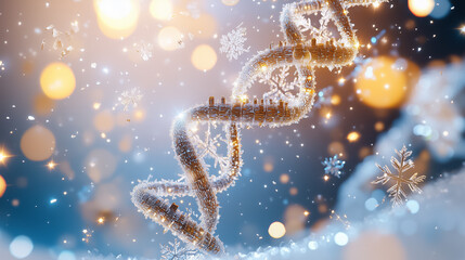 The sparkling DNA helix is surrounded by delicate snowflakes, blending science with a winter wonderland aesthetic