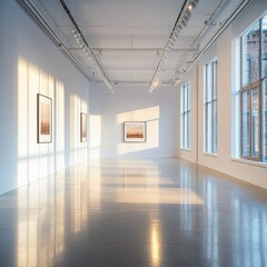 Fototapeta premium Minimalist white gallery interior with spotlights, ideal for showcasing modern art pieces
