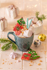 Cocoa as decoration idea for holidays on kitchen table.