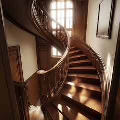 Obraz premium Elegant Mahogany Banister Point of View with Perspective of Mansion Hallway