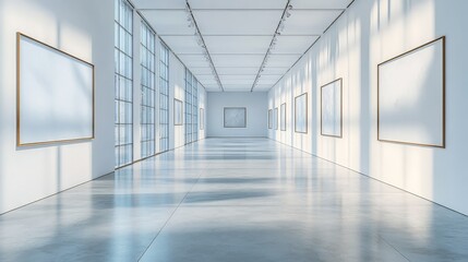 Minimalist white gallery interior with spotlights, ideal for showcasing modern art pieces