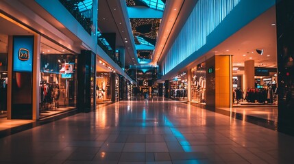 Empty Shopping Mall Interior with Blue and Orange Lighting
