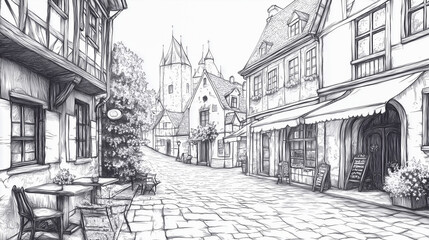 Street with buildings and cafe in old city. Cityscape - houses, buildings on alleyway. Old city view. Medieval European landscape. Urban landscape illustration. Drawn vector sketch