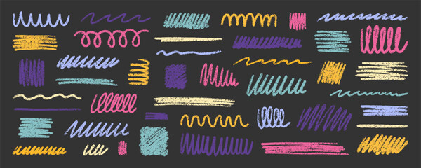 Naklejka premium Chalk pencil shapes doodle set. Charcoal childish scribble lines and strokes in sketch style. Crayon and grunge texture. Hand drawn vector illustration isolated on black background