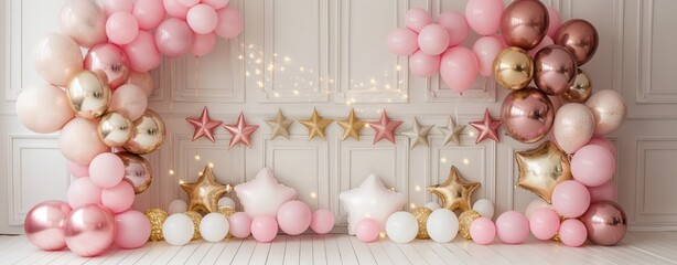 Pink and white balloons with metallic gold accents, festive party or wedding backdrop decoration