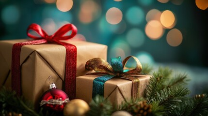 Festive holiday gifts wrapped with colorful ribbons against a bokeh background, surrounded by pine branches and ornaments.