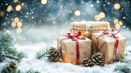 Festive holiday scene with wrapped gifts in snow, twinkling lights, and snowy pinecones, perfect for Christmas celebration and winter themes.