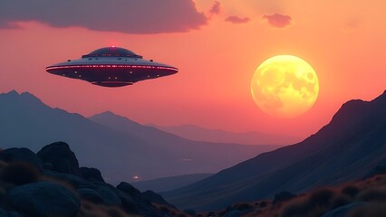 Flying saucer against the backdrop of mountains, sunset