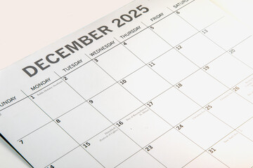 December 2025 calendar taken from a side angled view