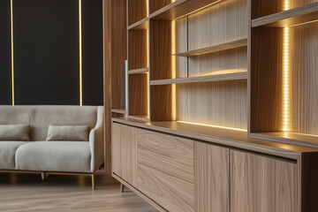 Fototapeta premium modern wooden bookcase with subtle led lighing