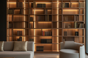 modern wooden bookcase with subtle led lighing
