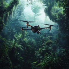 Naklejka premium Futuristic AI-powered environmental monitoring drones scanning forests and wildlife: Drones using AI to track ecosystem health and detect illegal logging or poaching.