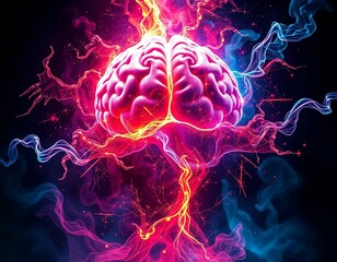 Obraz premium Glowing brain with bright electrical bursts radiating outward