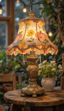  Vintage Table Lamp with Floral Shade in a Cozy Ambient Setting